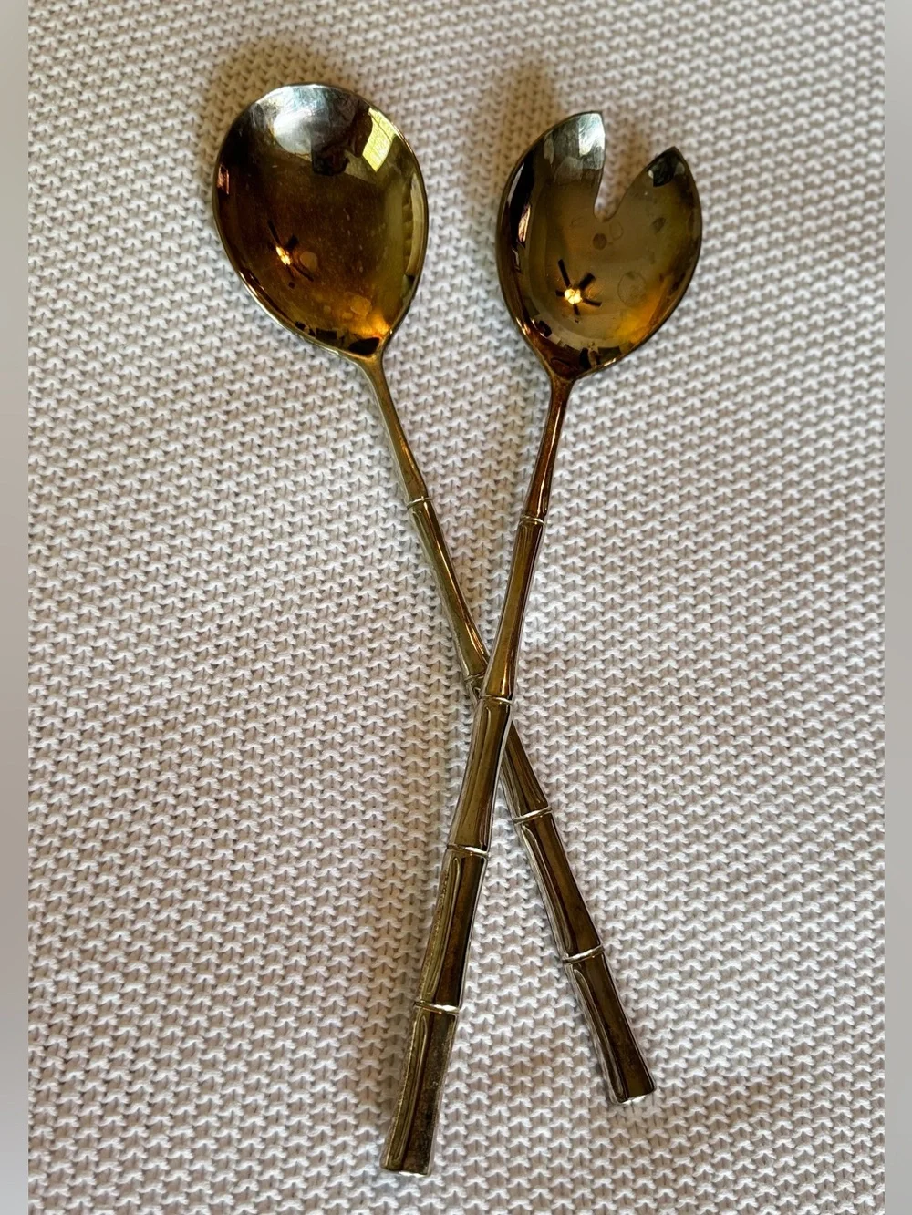 VINTAGE Silver Bamboo Handle Salad Serving Spoons Utensils Made in ITALY